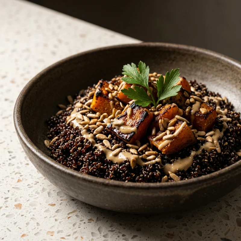 Bowl de quinua negra con calabaza ahumada, Quinua y Maíz