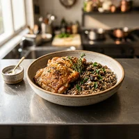 Volaille confite, riz à l'ail noir, L'Office du Chef