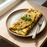 Omelette de hierbas y queso de cabra, Quinua y Maíz