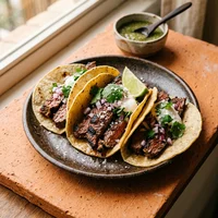 Tacos de arrachera, Carbón y Tortilla